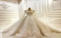 Muslim Long Sleeve 2020 Ball Gown Wedding Dress V Neck 3D Floral Appliqued Beads Lace Up Back Wedding Gowns Plus Size robe de mari9949653