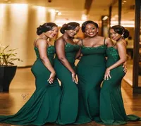 2019 Emerald Green Green African Mermaid Dridsmaid Dresses Sweep Train Train Lace SPANDEX Wedding Guest Dress Modest Bridesmaid Pro2653948