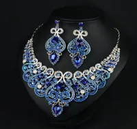 Royal Blue Wedding Jewelry Water Drop Crystal Collarbone Chain Necklace Set Bridal Jewelry Pearls Luxury Bracelets Necklace Eari7660342