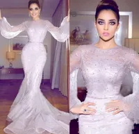 Newest Arabic Mermaid Formal Dresses Evening Wear Long Sleeve Full Lace Pearls Prom Gowns Plus Size Prom Dresses Long BWLF143375028