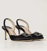 Elegant Style Hangisli Shiny Satin Sandals Shoes For Women Slingbacks Crystal Jewels buckle High Stiletto Heel Dress Party Wedding6673827