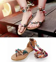 2019 Women Sandals Flower Print Air Mesh Ribbon Summer Shoes Woman Flat Footwear Ankle Strap Bohemia Sandals Big Size 34438922393
