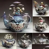 Novelty Items Handmade Art Cat Teapot Resin Scpture Alice Fairy Tale Creative And Fish Bird Crafts Garden Home Decor 220323 Drop Deli Dhbw9