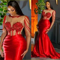 Aso ebi Red Mermaid Prom Dresses Illusion Corset Long Forming Evening Gowns Lace Aptliques Beading African Women Special Octune Wear 2023