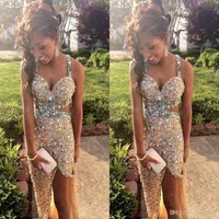 BlingBling Sparkly Sexy Prom Dresses Spaghetti Sleeveless Beaded Crystal Mermaid Side Slit Criss Cross Back Pageant Evening Gowns6164841