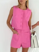 Kvinnors spårningsdräkter Sumuyoo Summer Office 2 Pieces Pink Shorts Set Woman Elegant Button Vest Holiday Outfits High midje Lady Suits 2022