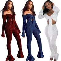 Сексуальная V Sect Flare-Sleeve Top Top и Flare Pants Fashion 2 Piece Set Women Summer Outfits183k