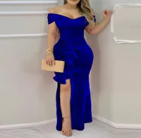 Royal Blue Velour Mermaid Boutique Formal Evening Dresses Sexy Heart Shape Neck High Side Slit Draped Modern 2022 Long Prom Gowns 4658949