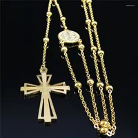 Chains Cross Rosary Catholic Hollow Necklace Saint Benedict Stainless Steel Women Gold Color Beads Long Necklaces Jewelry Gift N1165S05