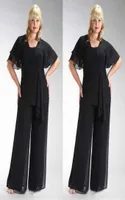 Popular 2016 Plus Size Black Chiffon Short Sleeve Mother Of The Bride Two Pieces Pant Suits Beaded Waist Custom Made EN41276299207