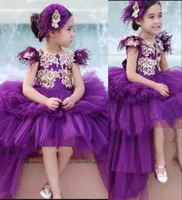 Purple New Ball Gown Girls Pageant Dresses Jewel Neck Gold Lace Feather Short Sleeves Puffy Tiered High Low Length Kids Party Birt5517884