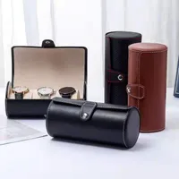 Jewelry Pouches Exquisite High Quality PU Leather Round Cylindrical Watch Box Display Storage Flannel Snap Button Boxs