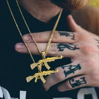 Pendant Necklaces Karopel Golden Scar Gun Pistol Stainless Steel Iced Out Bling CZ Crystal Men's Hip Hop Necklace Cuban Chain