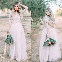 Cheap Two Piece Wedding Dresses Short Sleeves Illusion Appliqued Lace Neckline Tulle Vintage Boho Bridal Gowns Beach Bohemian Plus4509051