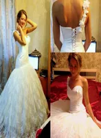 Sexy one shoulder with flowers mermaid wedding dresses with lace up back sweep train bridal wedding gowns
