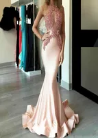 Blush Pink Mermaid Vestidos de noche 2023 Aplique de satén Lace con cuentas saudí Honey Qiao Jewel Sexy Formal Party Gowns Pageant Rob7092061