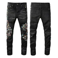 AMR Design Pattern Slim Fit Mens Jeans Patchwork Black Trousers for Men Ripped Holes Cargo Pocket Zipper Pencil Pants