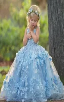 3D Floral Applique Sukienka Komuniona Piękne paski krzyżowe Vneck Backless Flower Girl Dress Fluffy Tiul Ball Gown Girls Pag6805260