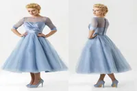 Vintage 2016 Serenity Blue Tulle Aline Tea Length Bridesmaid Dresses Country Cheap Sheer Neckline Half Sleeves Beach Formal Gowns7347538