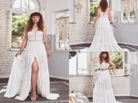 2019 Gypsysis Bohemian Wedding Dresses Spaghetti Lace Appliqued Front Split A Line Boho Wedding Dress Sweep Train Beach Bridal Gow6315562