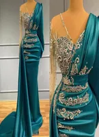 Luxury Long Sleeve Prom Evening Dresses Formal Occasion Wear Gold Appliques Beads Hunter Sheer Neck Arabic Robe de soriee BC104179614124