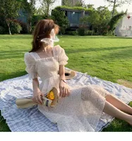 Casual Dresses 2022 Summer Floral Design Sweet Dress Short Sleeve Chiffon Elegant Korean Style Square Collar Party For Female Do