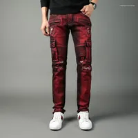 Men's Jeans High Street Fashion Men Hip Hop Big Pockets Denim Cargo Pants Hombre Red Color Slim Fit Ripped Biker Homme