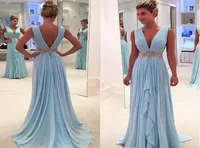 2019 Light Sky Blue Evening Dress Deep V Neck Long Formal Holiday Celebrity Wear Prom Party Gown Custom Made Plus Size3370783