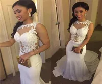 Amandabridal 2019 Beaded Lace Mermaid African Sheer Wedding Dresses Jewel Neck Satin Wedding Gown Illusion Bodice Plus Size Bridal