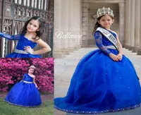 One Shoulder Beads Little Girls Pageant Dresses Royal Blue Long Sleeve Ball Gown Kids Formal Wear 2019 Lace Wedding Flower Girls D1992651