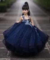 2021 Navy Blue Lace Flower Girl Dresses Beaded Spaghetti Ball Gown Tulle Lilttle Kids Birthday Pageant Weddding Gowns2498708