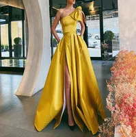 Elegant Yellow One Shoulder Bow Prom Dresses With Pockets 2021 Sexy Side High Slit ALine Long Formal Evening Gowns Party Dress Ve4313722