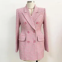 Women's Suits 2022 High Quality Fall Winter Long Pink Houndstooth Blazers Jacket Women Elegant Fashion Formal Outwear