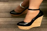 Rontic 2021 Handmade Women Platform Pumps Ankle Strap Sexy Wedges Heels Round Toe Elegant Black Party Shoes US Plus Size 5201631416