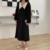 الفساتين غير الرسمية النساء الطويلات فستان 2022 أزياء سيلميا الأنيقة القميص قميص الأسود ماكسي الخريف الفضفاض