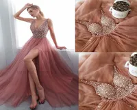 Sparkly Dusty Rose Champagne Deep V neck Evening Prom Dress Crystal Beaded Side Split High Beaded Sequin Party Formal Gowns Pagean7811155