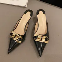 Women Mules Flip Flops Shoes Ladies Pumps 2022 Thin Heels Female Pointed Toe Metal Chain Slides Slippers Big Size