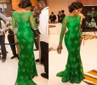 Popular Emerald Green Mermaid Evening Dresses Nigerian Lace Styles Sheer Neck Illusion Long Sleeves Zipper up Red Carpet Gowns Swe3467334