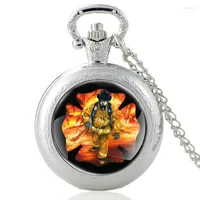 Pocket Watches Silver Fashion Firemen Rescue Design Glass Cabochon Quartz Watch Vintage Men Women Pendant Necklace Gifts
