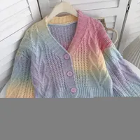 Women's Knits Gradient Rainbow Knitted Sweaters Autumn Vintage Korean Women Loose V-Neck Bat Sleeve Short Cardigan Single Breasted Kawaii