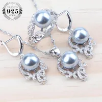Necklace Earrings Set Gray Pearl For Women Silver 925 Wedding Costume Jewellery Zirconia Pendant Rings Gift Box