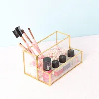 Jewelry Pouches 20CF Multi-Functional Geometric Glass & Gold Brass Rectangle Composite Cosmetic Makeup Brush Holder Organizer Storage