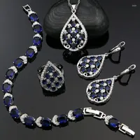 Necklace Earrings Set 925 Silver Punk For Women Party Accessories Blue Cubic Zirconia Water Drop Earrings Pendant Necklace Ring Bracelet