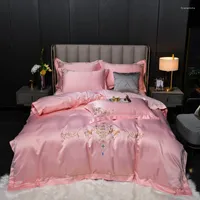 Bedding Sets 4Pcs Satin Silk Solid High End Embroidery Luxury Queen King Size Duvet Cover Set Sheet Pillowcase Bedclothes.