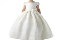Ivory Satin Beading Pearls Flower Girls Dresses With Short Sleeves Infant Little Kids Pageant Dress Bow Sash Children Wedding Birt4159087