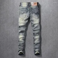 Men's Jeans Italian Style Fashion Men Distressed Wash Retro Blue Elastic Slim Fit Ripped Vintage Designer Cotton Denim Pants