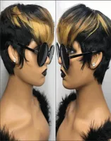 Ombre Blonde Color Short Wavy Pixie Cut Wig Full Machine Made Non Lace Front Front Human Hair Higs for Black Woman6469952