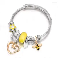 Bangle 2022 Big Heart Love Stainless Steel Bracelets & Bangles For Women Pearl Crystal Cute Bee Flower Charm Bracelet Femme Jewelry