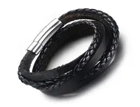 Fashion New Handmade Mens Black Braided Real Leather Bracelet Multistrand Genuine Leather Wristband Rope Woven Bracelets Men6647516