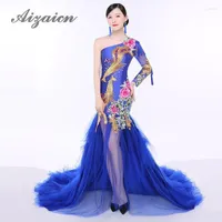 Ethnic Clothing Royal Blue Embroidery Vintage Evening Dress Elegant Perspective Mesh Trailing Party Dresses Fashion Women Showes One